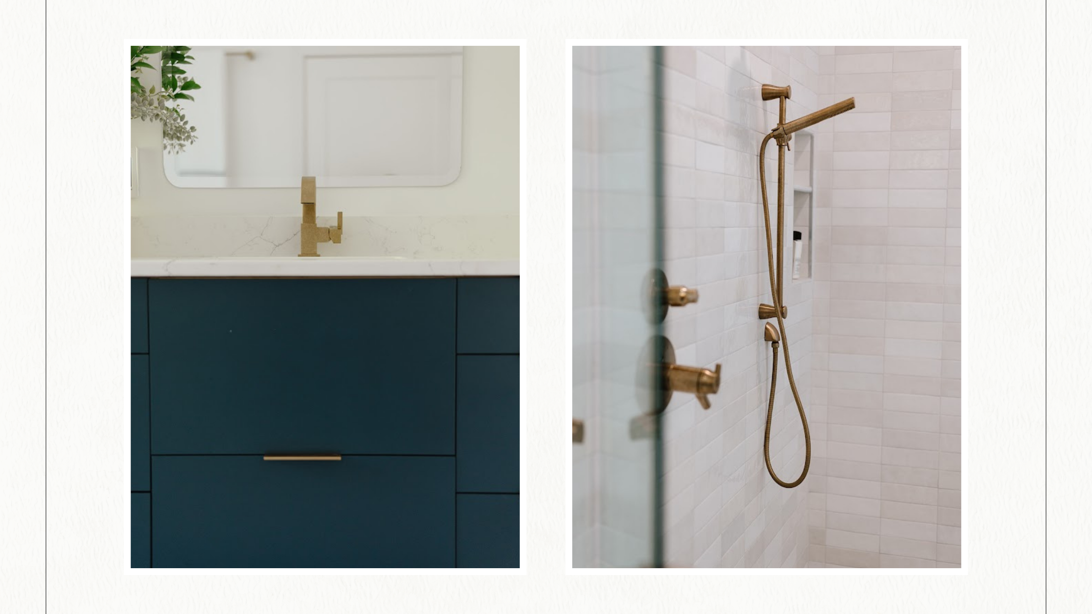 Bathroom remodel with floating blue vanity and gold plumbing fixtures as well as a full cream tiled shower with a glass door and brass plumbing.
