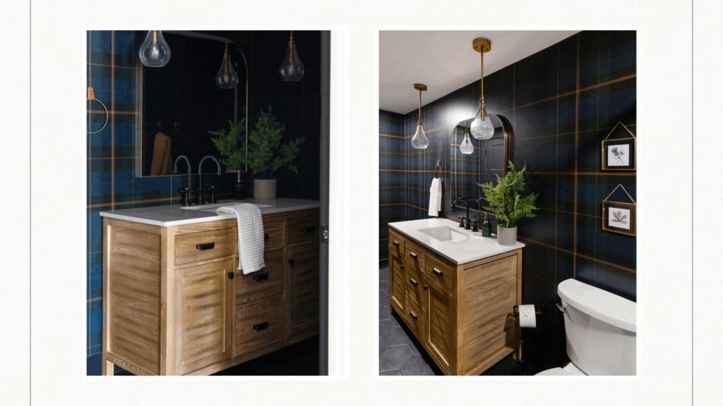 Moody guest bathroom with dark blue plaid wallpaper, a beautiful oak wood vanity and gold fixtures.